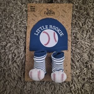 Adorable “Little Rookie” baby baseball hat and rattle socks set from Baby Essent